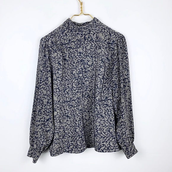 Tops - Abstract Print Mock Neck Balloon Sleeve Blouse Top